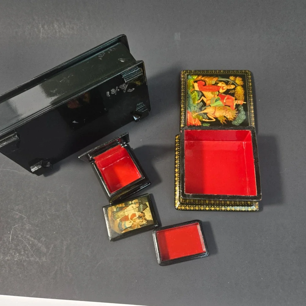 Vintage Russian Lacquer Box Lot of 4 Signed Palekh Zubov & Kholuy Art Collection